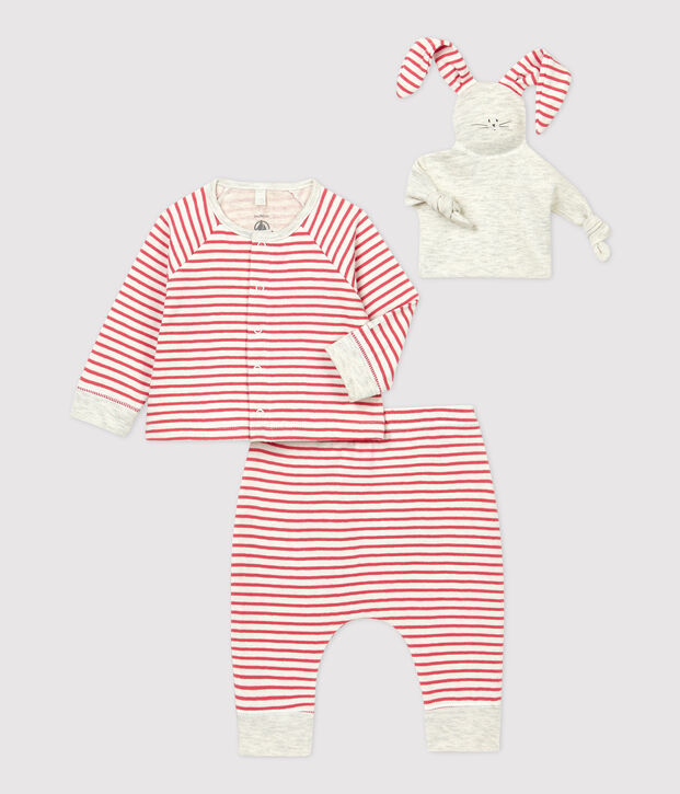 Dreiteiliges Baby-Set aus Bio-Baumwolle mit Ringelstreifen weiss/orange